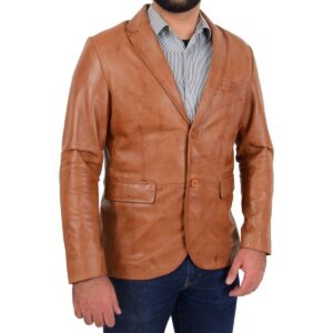 Men's Tan Leather Blazer 100% Pure Soft Sheepskin 2 Button Coat Blazer - Image 5