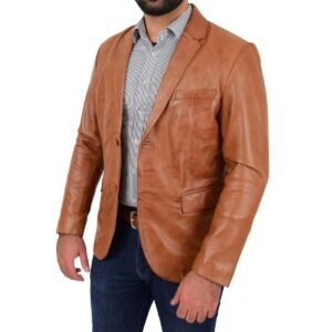 Men's Tan Leather Blazer 100% Pure Soft Sheepskin 2 Button Coat Blazer - Image 3