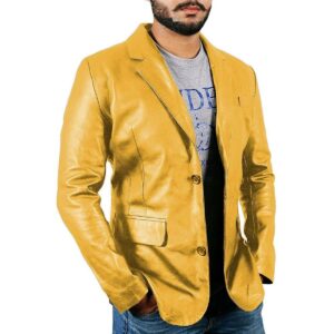 Men's Genuine Lambskin Real Leather Yellow Blazer TWO BUTTON Stylish Coat Blazer - Image 1