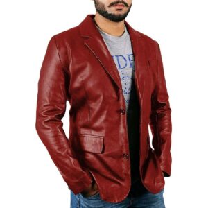 Men's Genuine Lambskin Real Leather Dark Red Blazer TWO BUTTON Stylish Coat Blazer - Image 1