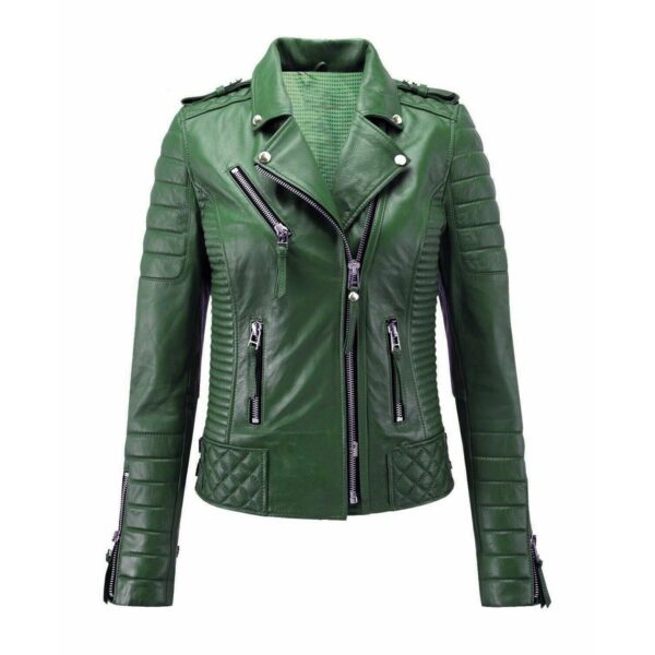 Womens Dark Green Color Biker Leather Jacket