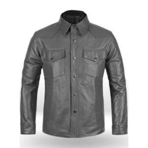 Men's Gray Genuine Lambskin Leather Shirt - Image 1