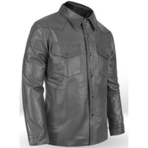 Men's Gray Genuine Lambskin Leather Shirt - Image 2