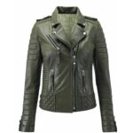 Womens Olive Green Color Biker Leather Jacket