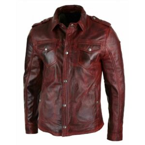 Authentic Luxury Men's Genuine Lambskin 100% Real Leather Burgundy Vintage Leather Shirt - Image 1