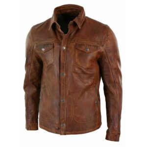 Authentic Luxury Men's Genuine Lambskin 100% Real Leather Brown Vintage Leather Shirt - Image 1