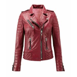 Dark Red Color Biker Leather Jacket For Women