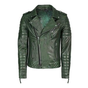 Men's Dark Green Genuine Lambskin Leather Biker Jacket - Image 1