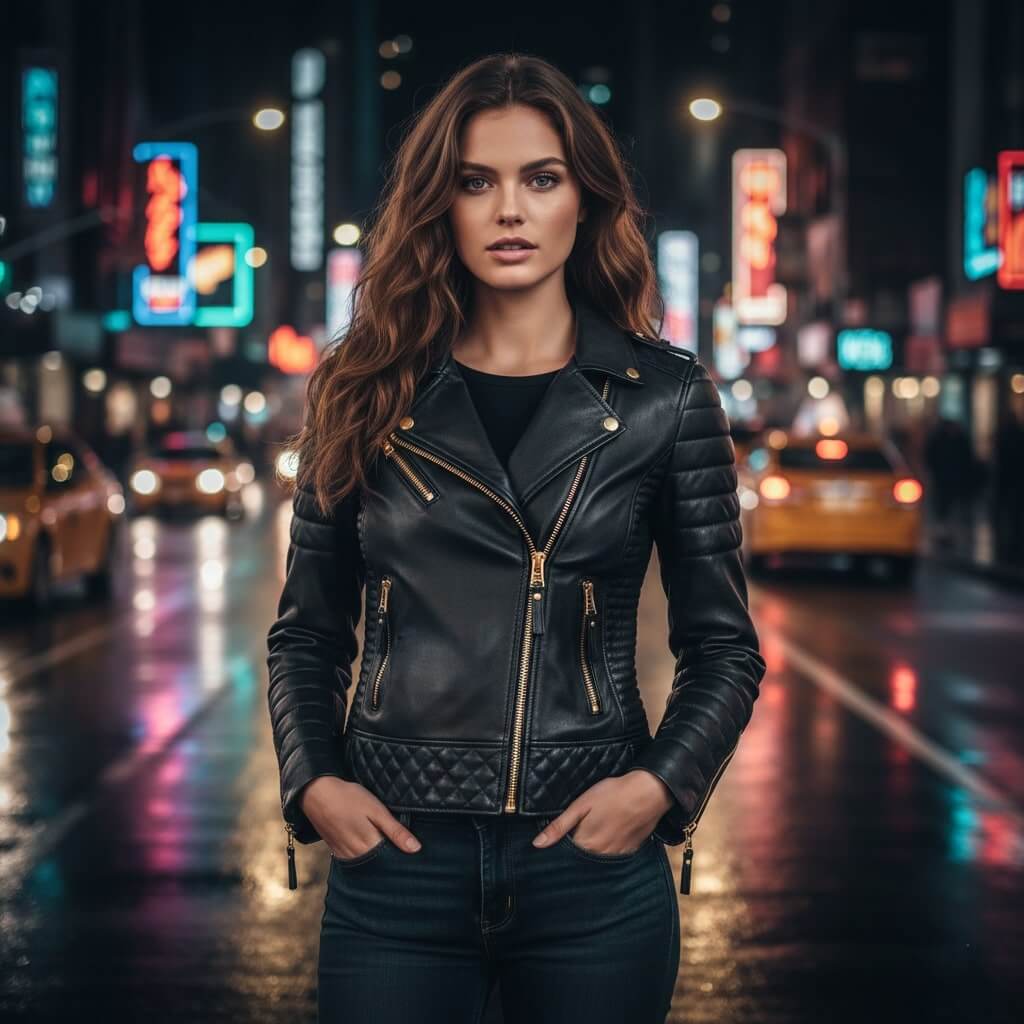 Black Biker Leather Jacket for Women with Golden Zipper