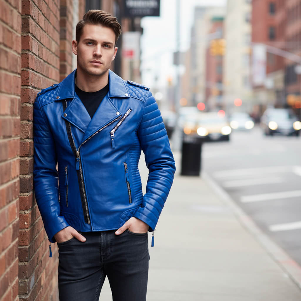 Blue Leather Biker Jacket for Men