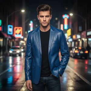 Blue Leather Blazer for Men