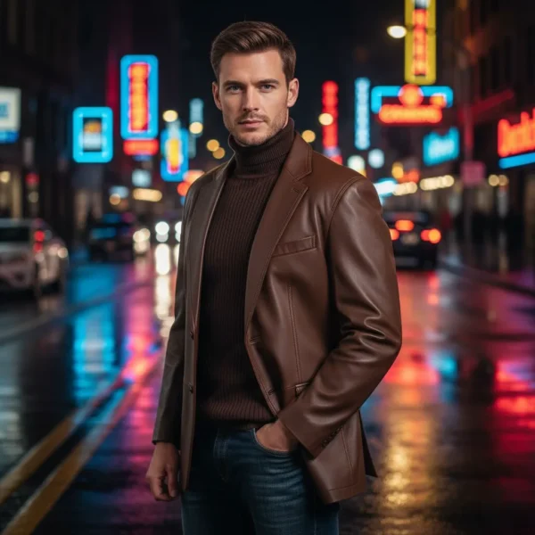 Brown Blue Leather Blazer for Men Brown Blue Leather Blazer for Men