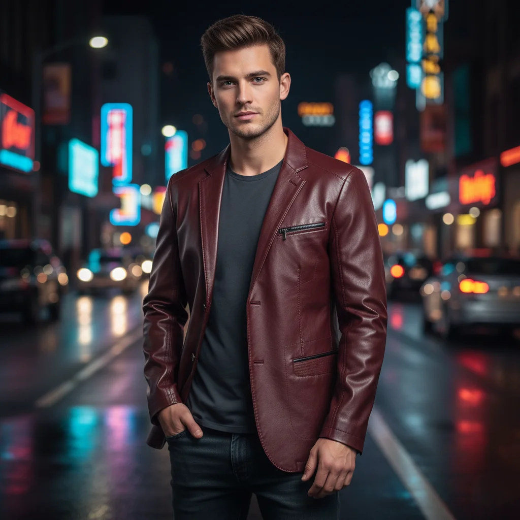 Burgundy Leather Blazer for Men