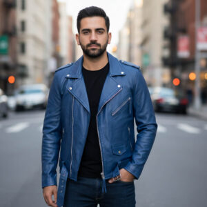 Zafy Cafe Racer Blue Biker Leather Jacket for Men - Image 1