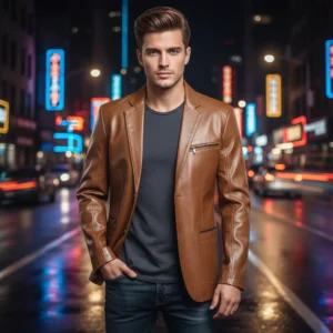 Authentic Luxury Men's Camel Beige Genuine Lambskin Leather 2 Button Coat Blazer - Image 1