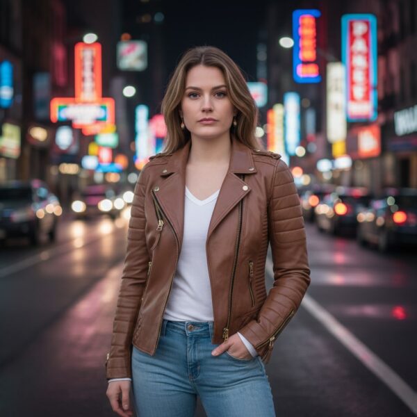 Dark Tan Biker Leather Jacket for Women with Golden Zipper