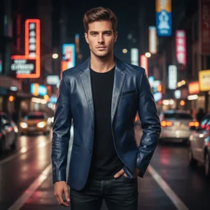 Authentic Luxury Men's Navy Blue Genuine Lambskin Leather 2 Button Coat Blazer - Image 1