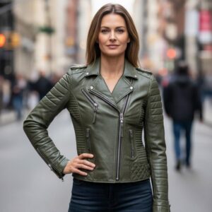 Olive Green Biker Leather Jacket for Women