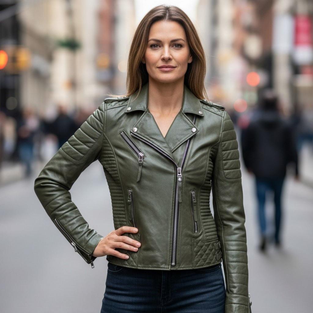 Olive Green Biker Leather Jacket for Women