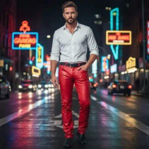 Zafy Stylish Red Leather Pant for Men with 5 Pockets - Image 1