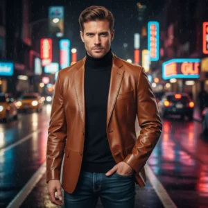 Authentic Luxury Men's Tan Genuine Lambskin Leather 2 Button Coat Blazer - Image 1