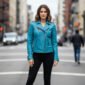 Turquoise Blue Biker Leather Jacket for Women