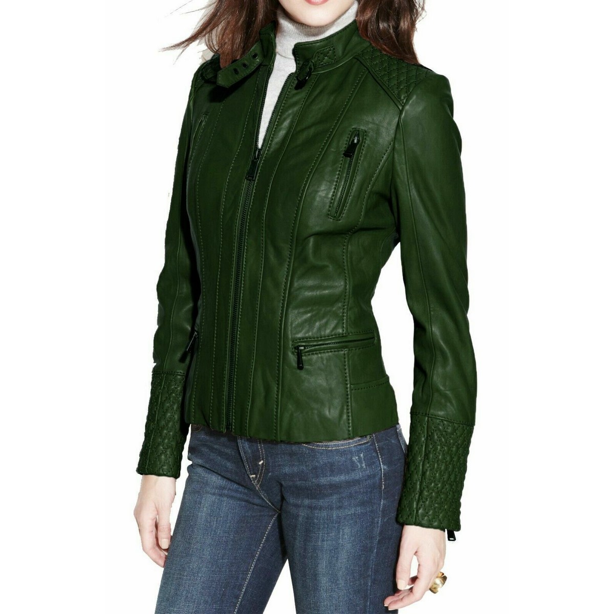 Bottle Green Leather Jacket for Women