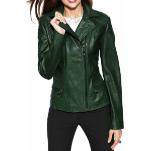 Women's Bottle Green Lambskin Genuine Leather Motorcycle Jacket - Image 1