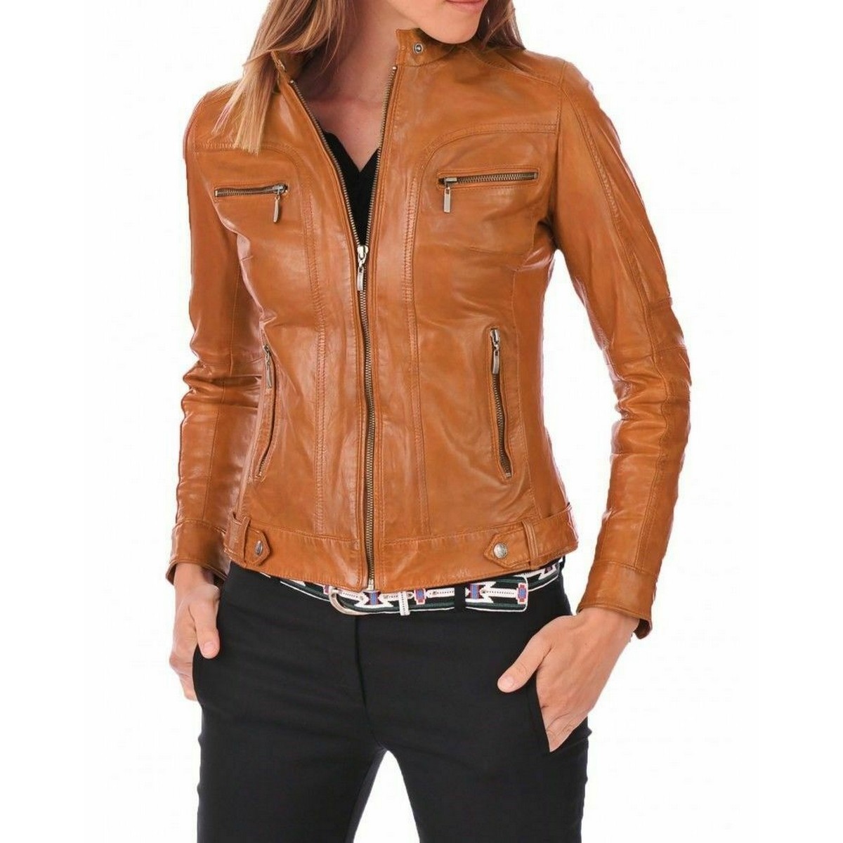 Motorcycle Tan Leather Jacket for Women