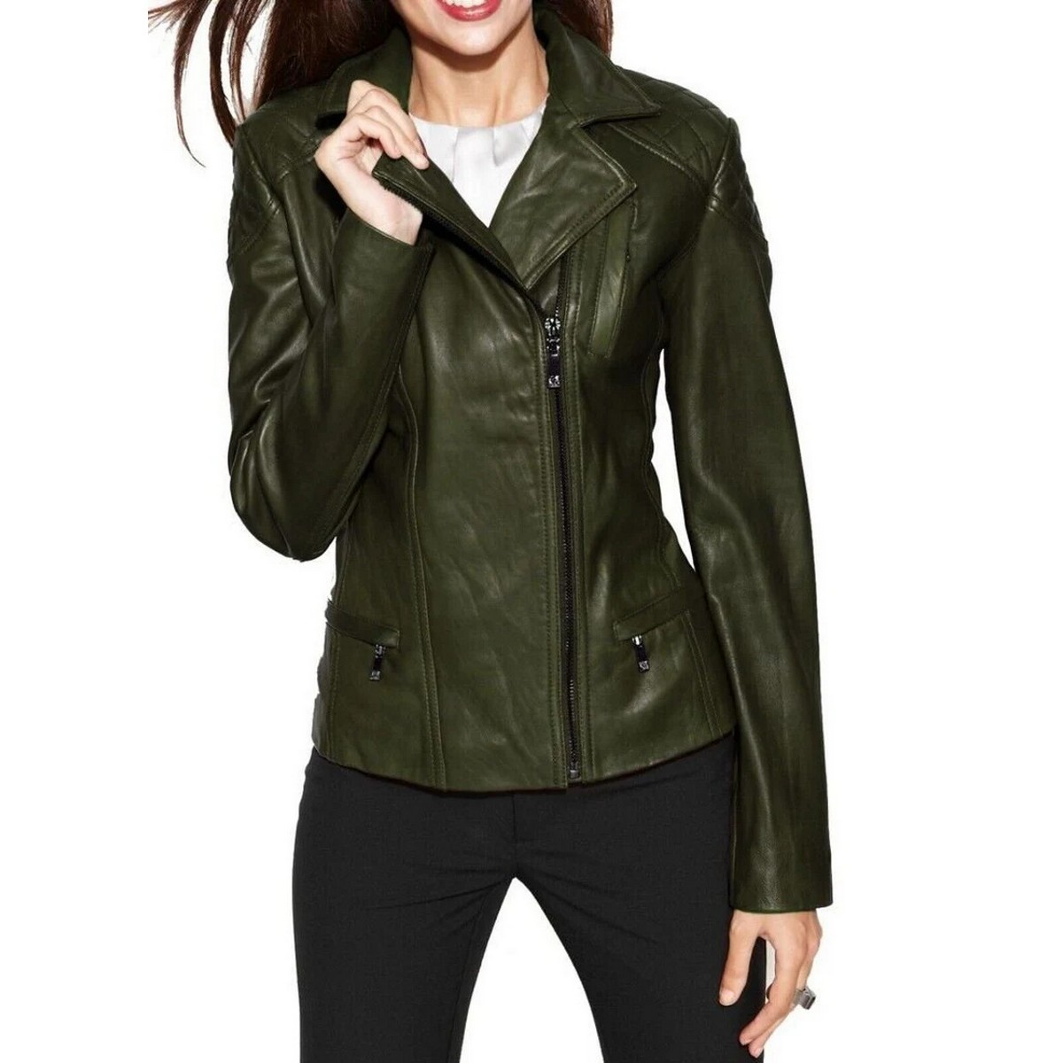 Motorcycle Olive Green Leather Jacket for Women