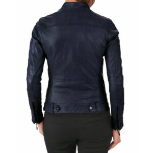 Women's Genuine Lambskin Leather Motorcycle Jacket Navy Blue Stylish Jacket - Image 2