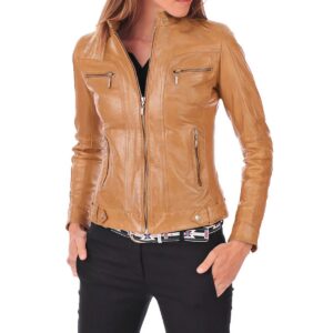 Motorcycle Camel Beige Leather Jacket for Women