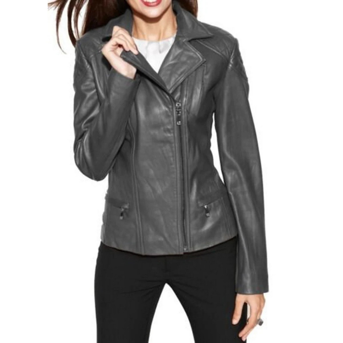 Motorcycle Gray Leather Jacket for Women