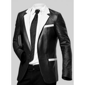 Men's Black Leather Blazer 100% Real Genuine Soft Lambskin White Lapel 2 Button Coat Blazer - Image 1