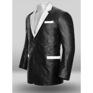 Men's Black Leather Blazer 100% Real Genuine Soft Lambskin White Lapel 2 Button Coat Blazer - Image 3