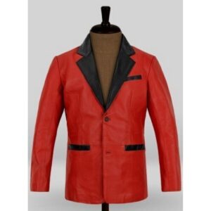 Men's Red Leather Blazer 100% Real Genuine Soft Lambskin Black Lapel 2 Button Coat Blazer - Image 1