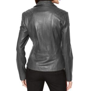 Women's Gray Lambskin Genuine Leather Motorcycle Jacket - Image 2