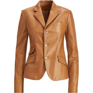 Authentic Luxury Women's Tan Leather Blazer 100% Real Soft Lambskin Causal Wear Coat Blazer - Image 1