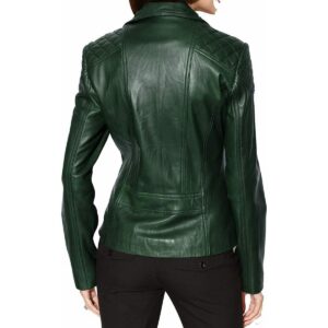 Women's Bottle Green Lambskin Genuine Leather Motorcycle Jacket - Image 2