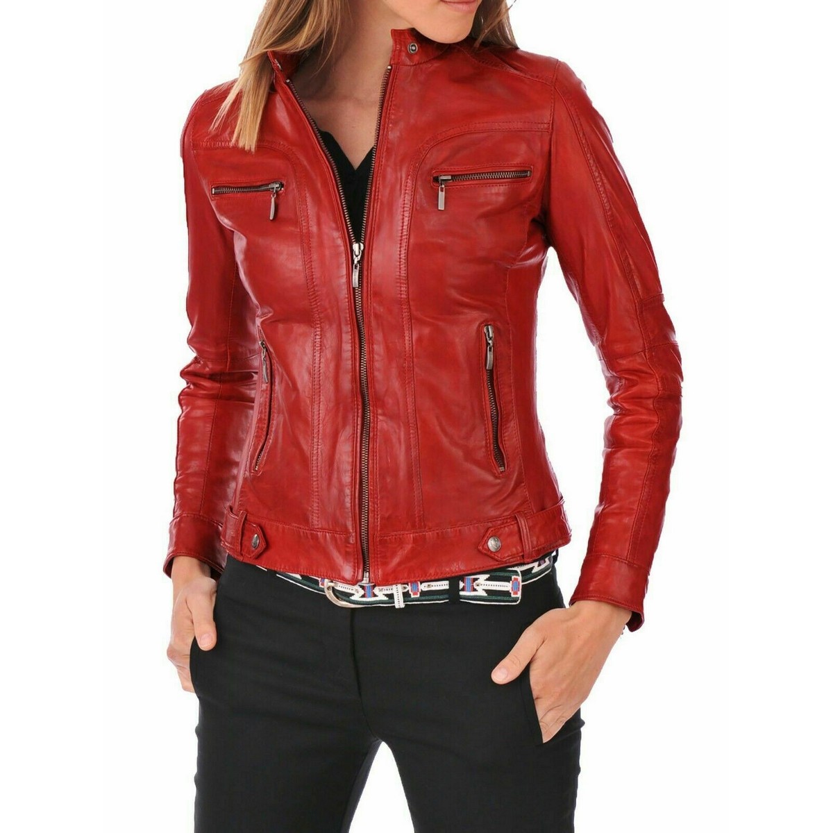 Motorcycle Red Leather Jacket for Women