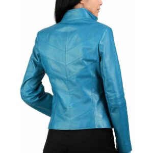 Women's Genuine Lambskin Leather Jacket Motorcycle Biker Leather Turquoise Blue Jacket - Image 2