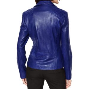 Women's Blue Lambskin Genuine Leather Motorcycle Jacket - Image 2