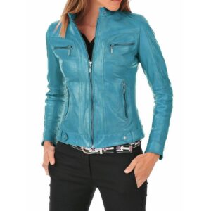 Motorcycle Turquoise Blue Leather Jacket for Women