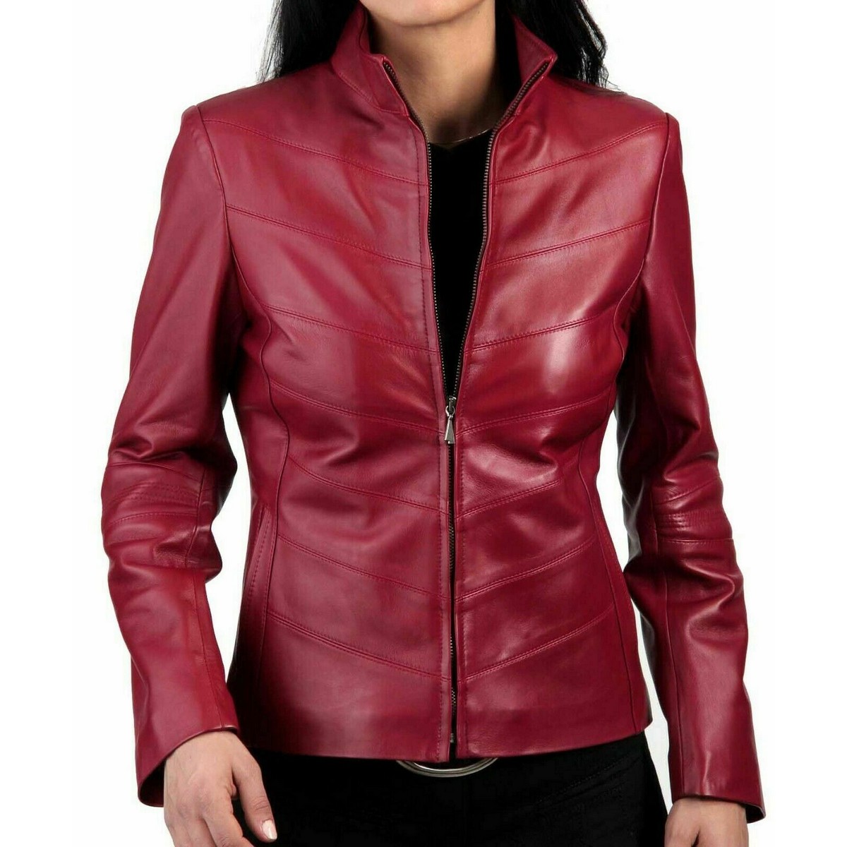 Biker Dark Red Leather Jacket for Women