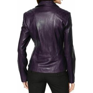 Women's Purple Lambskin Genuine Leather Motorcycle Jacket - Image 2