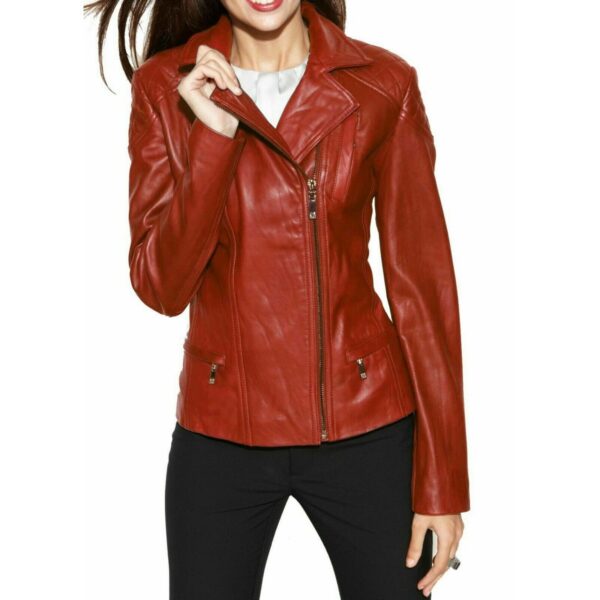 Motorcycle Red Leather Jacket for Women