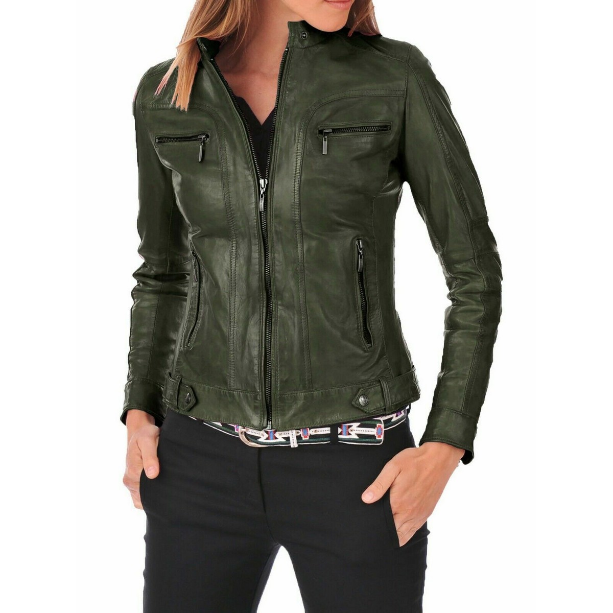 Motorcycle Olive Green Leather Jacket for Women