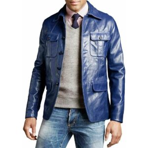 Men's Blue Leather Blazer 100% Real Genuine Soft Lambskin FOUR BUTTON Sport Coat Blazer - Image 1