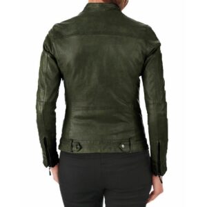 Women's Genuine Lambskin Leather Motorcycle Jacket Olive Green Stylish Jacket - Image 2