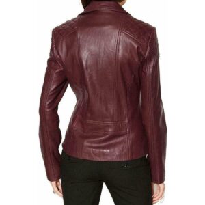 Women's Burgundy Lambskin Genuine Leather Motorcycle Jacket - Image 2